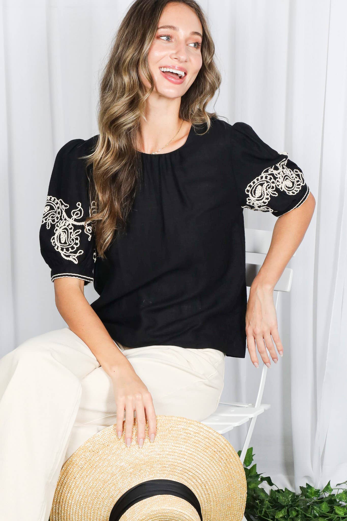 Paisley Embroidered 100%Cotton Puff Sleeve Blouse VT83087