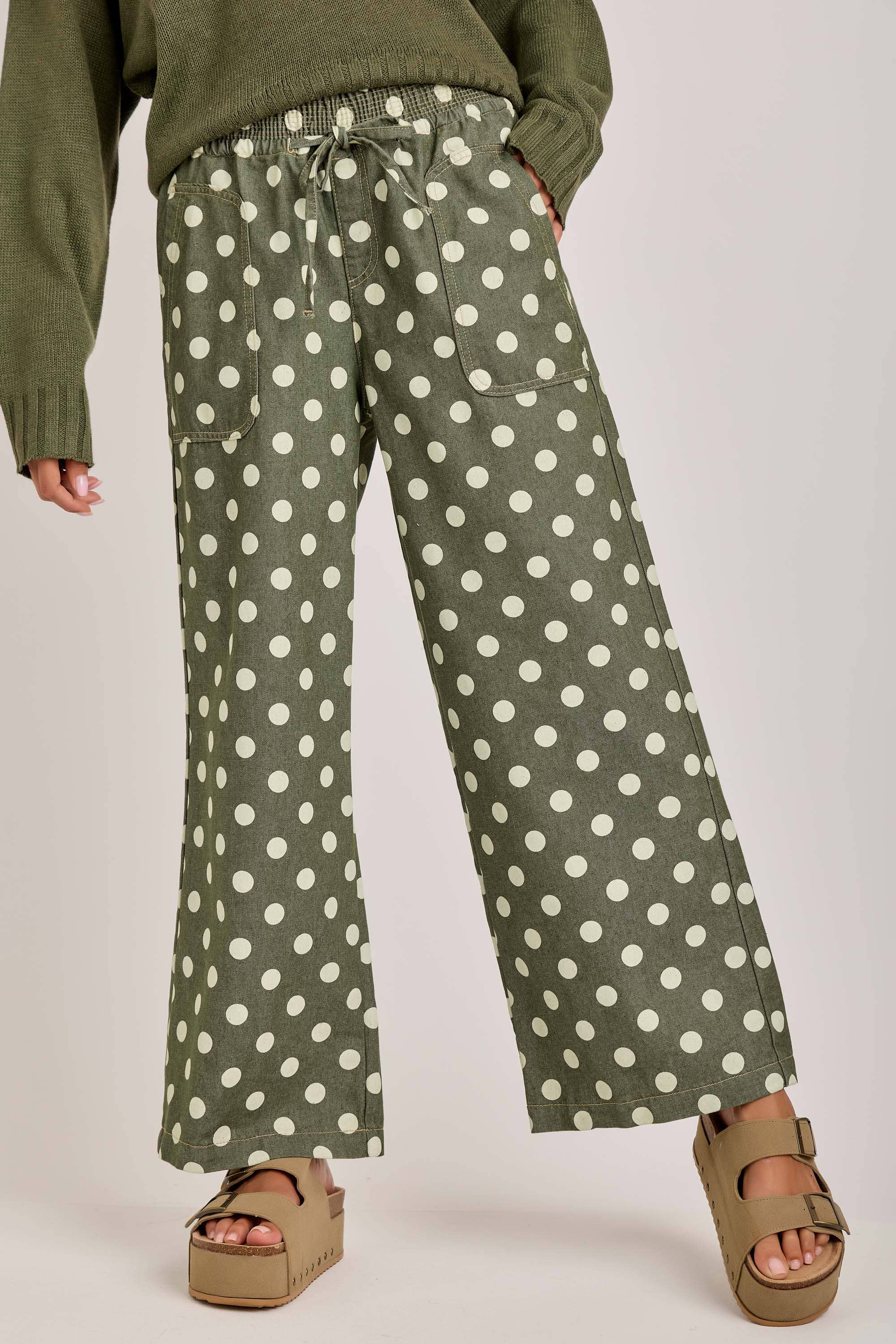 RELAXED WIDE LEG SOFT POLKA DOT DRAWSTRING PANTS