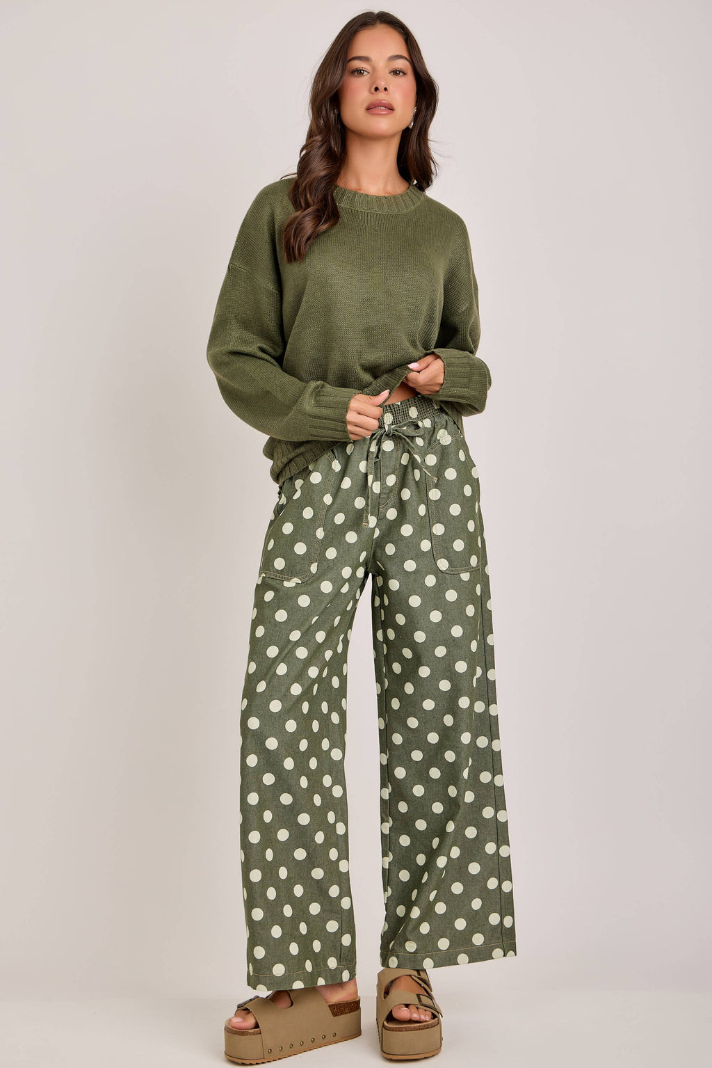 RELAXED WIDE LEG SOFT POLKA DOT DRAWSTRING PANTS