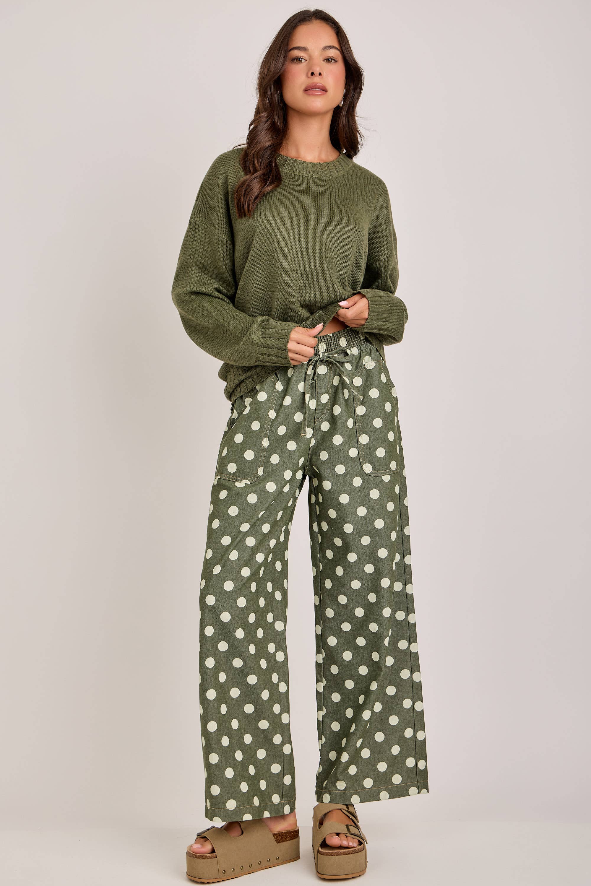 RELAXED WIDE LEG SOFT POLKA DOT DRAWSTRING PANTS