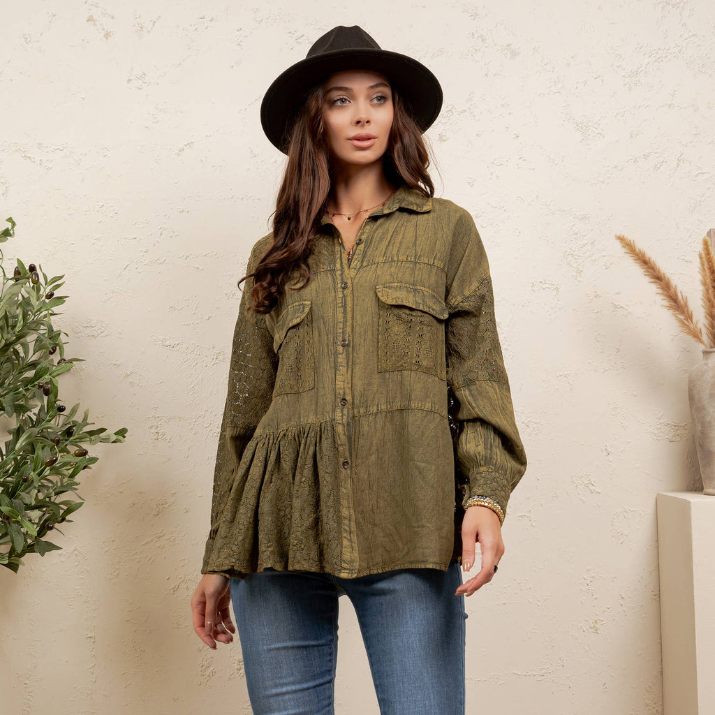 Mixed Media Spliced Denim Shirt with Seersucker & Lace