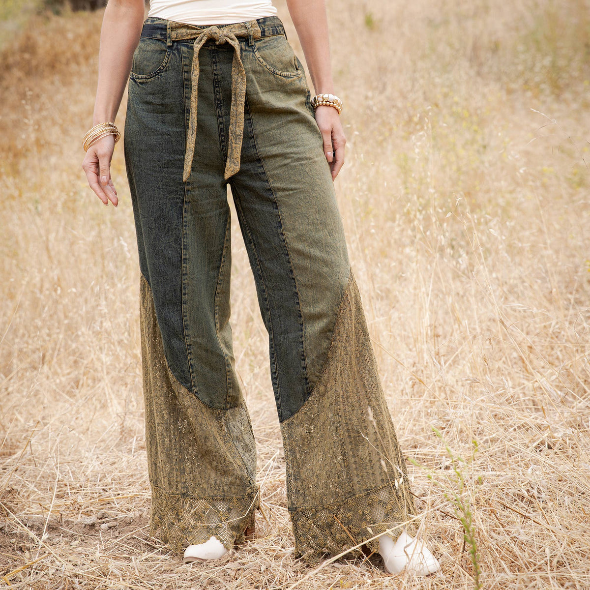 Boho Mixed-Media Lace Hem Tie-Waist Flare Pants