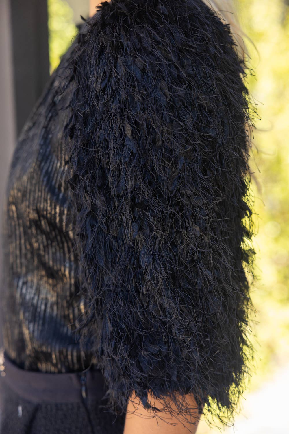 Textured Feathered Sleeve Metallic Stripe Top