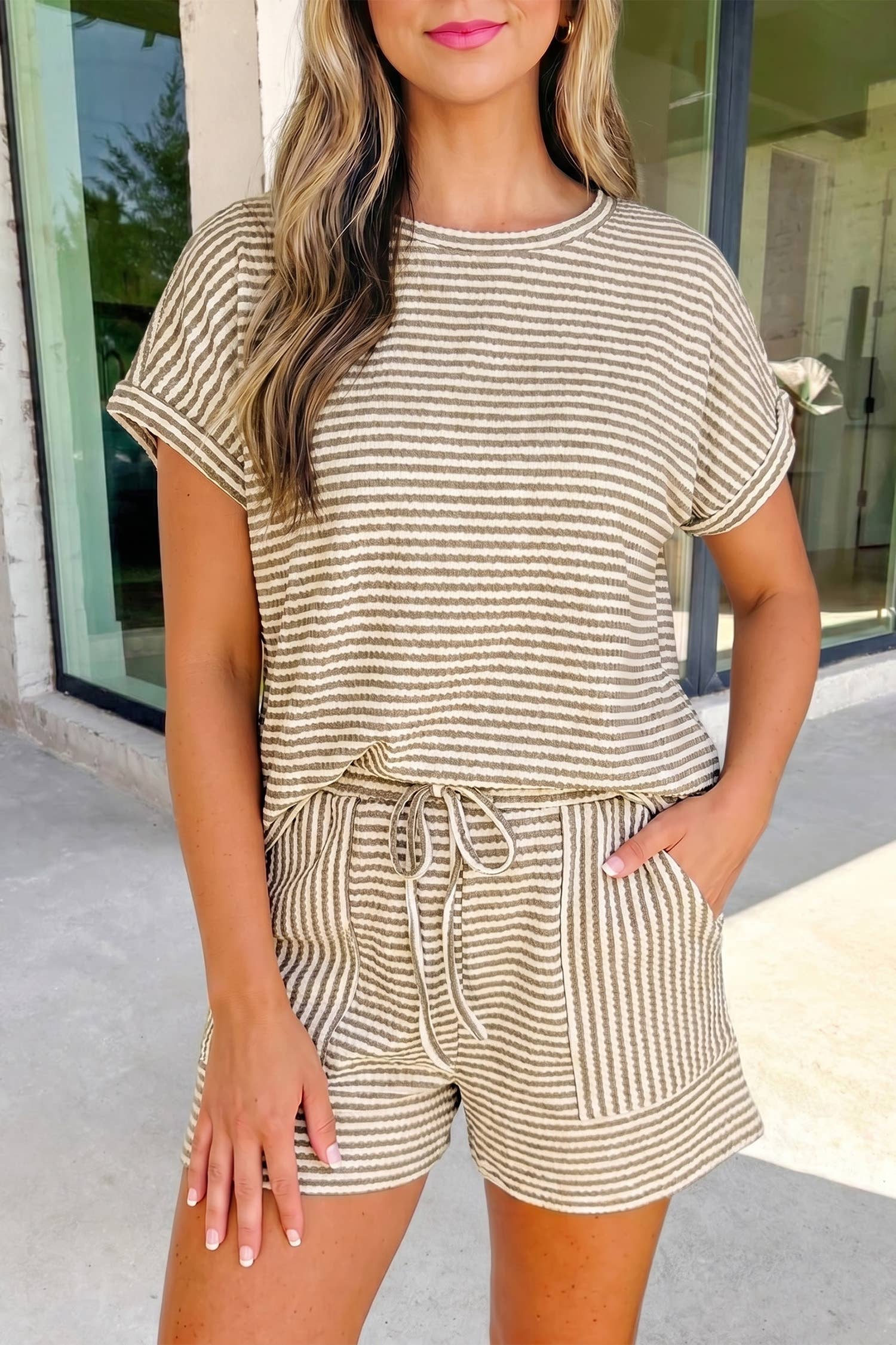Texture Stripe Knit 2pcs Shorts Set | S-XL