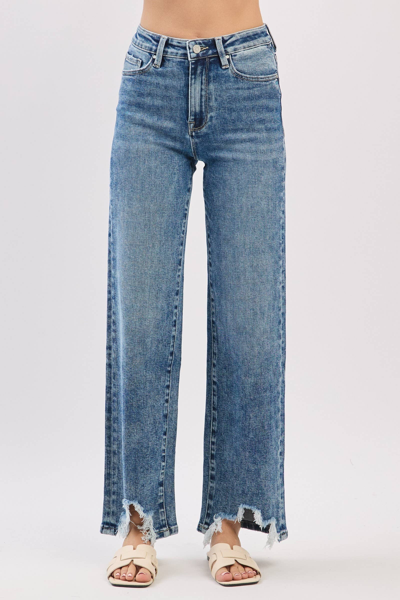 MA HIGH RISE SLIM WIDE LEG W/ DESTROYED HEM JEANS
