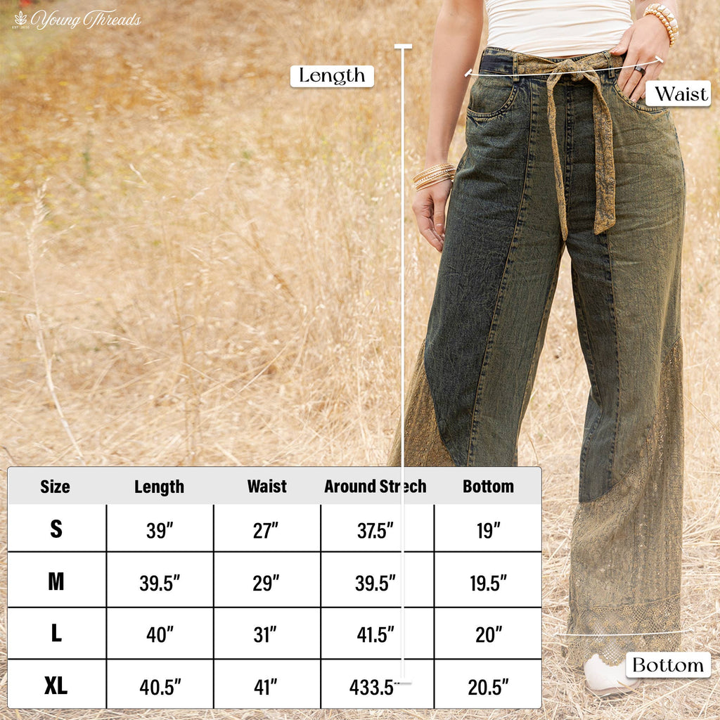 Boho Mixed-Media Lace Hem Tie-Waist Flare Pants