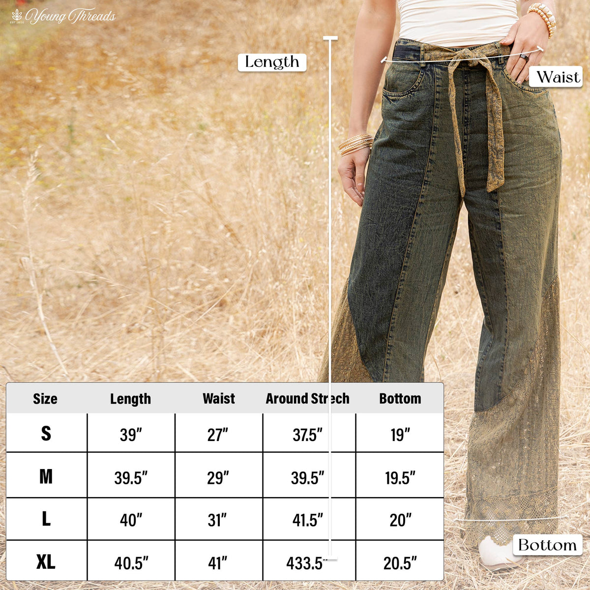 Boho Mixed-Media Lace Hem Tie-Waist Flare Pants