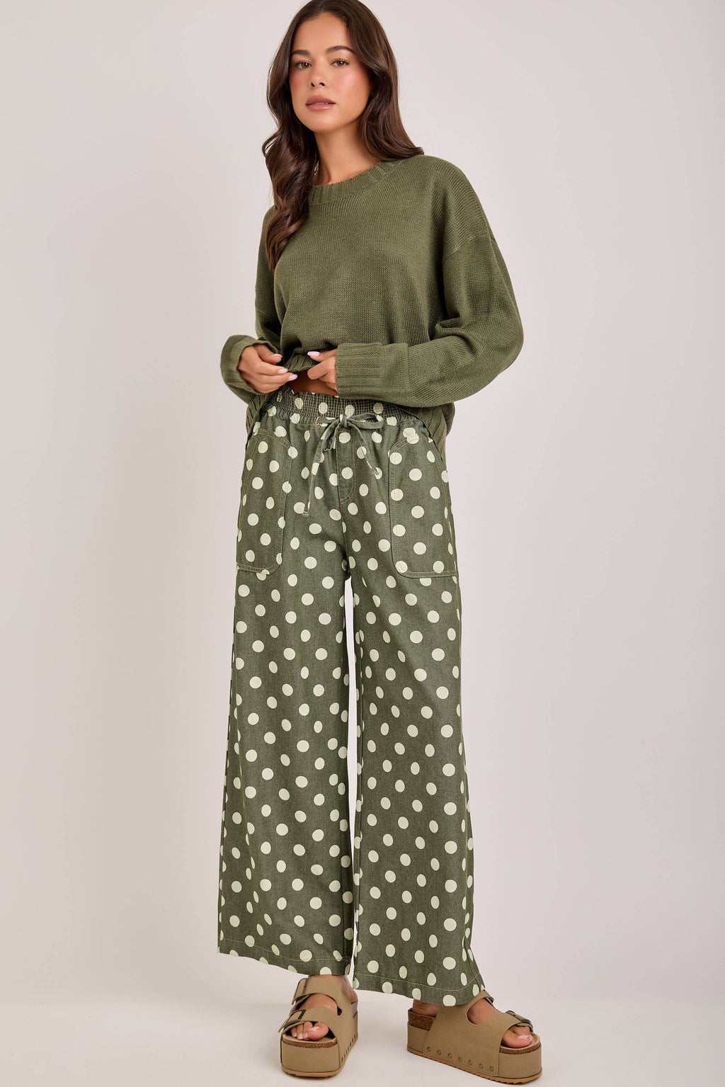 RELAXED WIDE LEG SOFT POLKA DOT DRAWSTRING PANTS