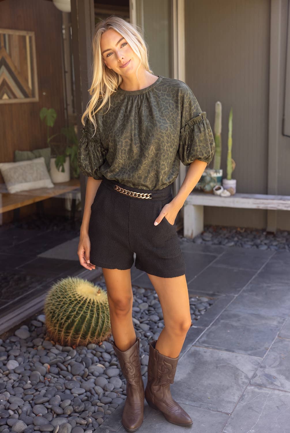 Ruffle Puff Sleeve Metallic Animal Print Top
