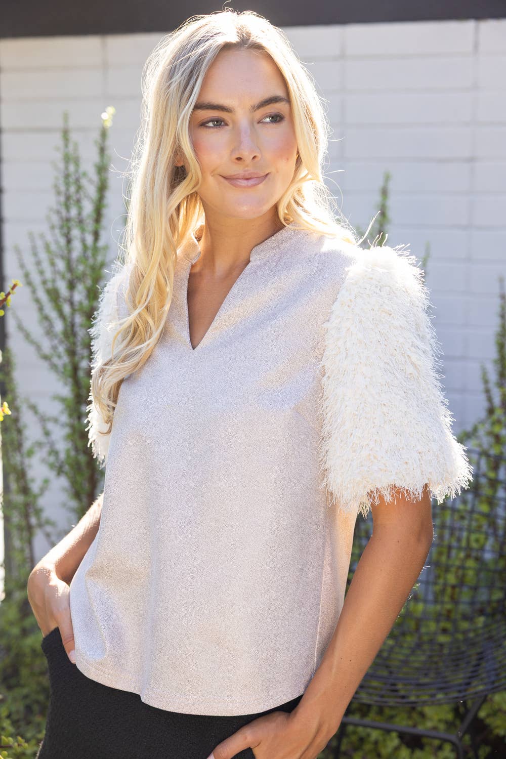 Feather Fringe Short Sleeve Faux Leather Top