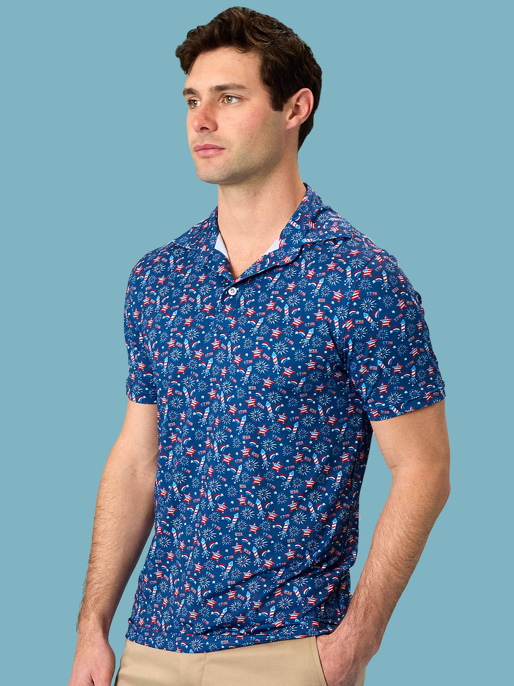 Men's Red White & Boom Fireworks Knit Short Sleeve Performance Polo