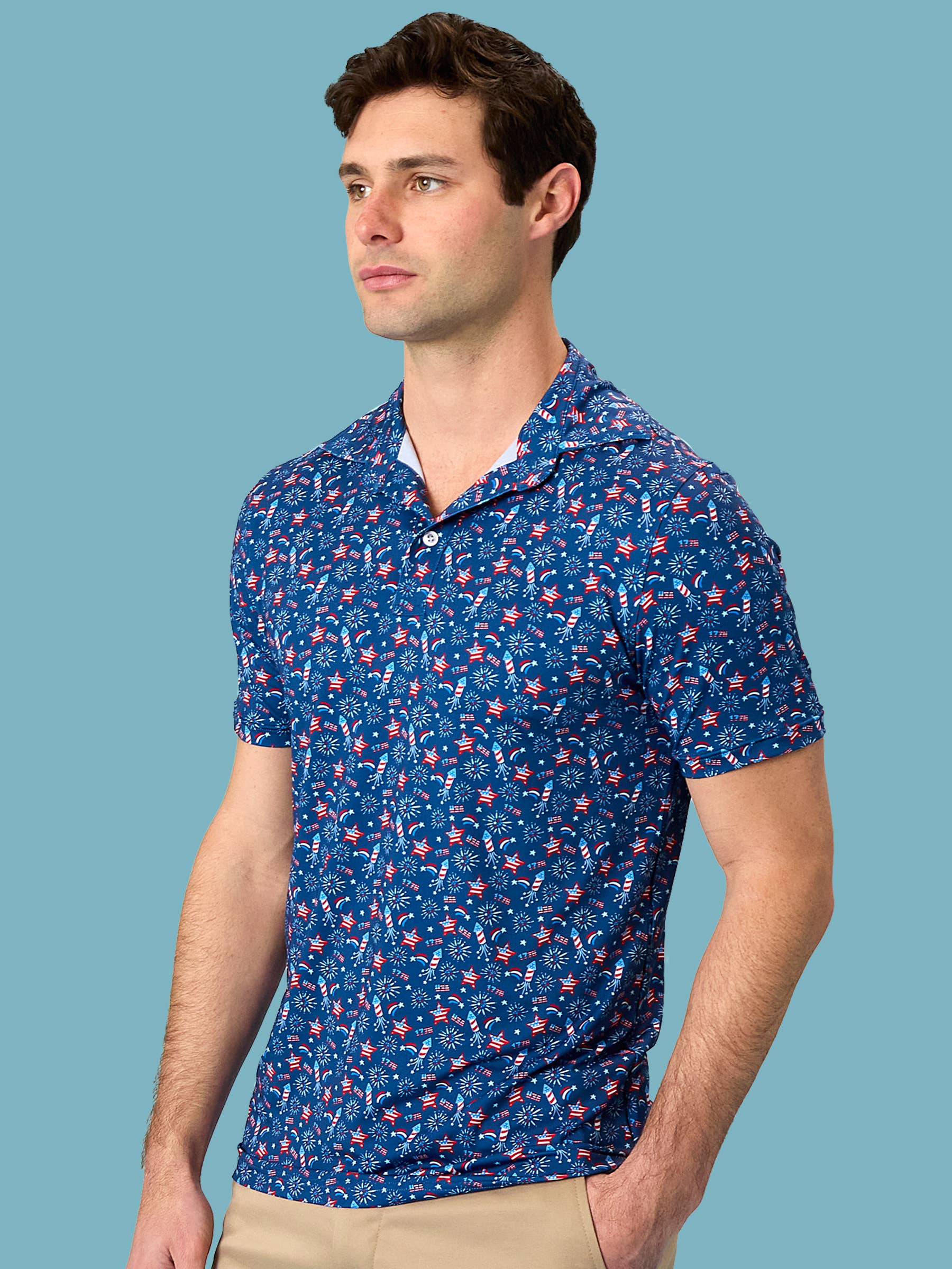 Men's Red White & Boom Fireworks Knit Short Sleeve Performance Polo