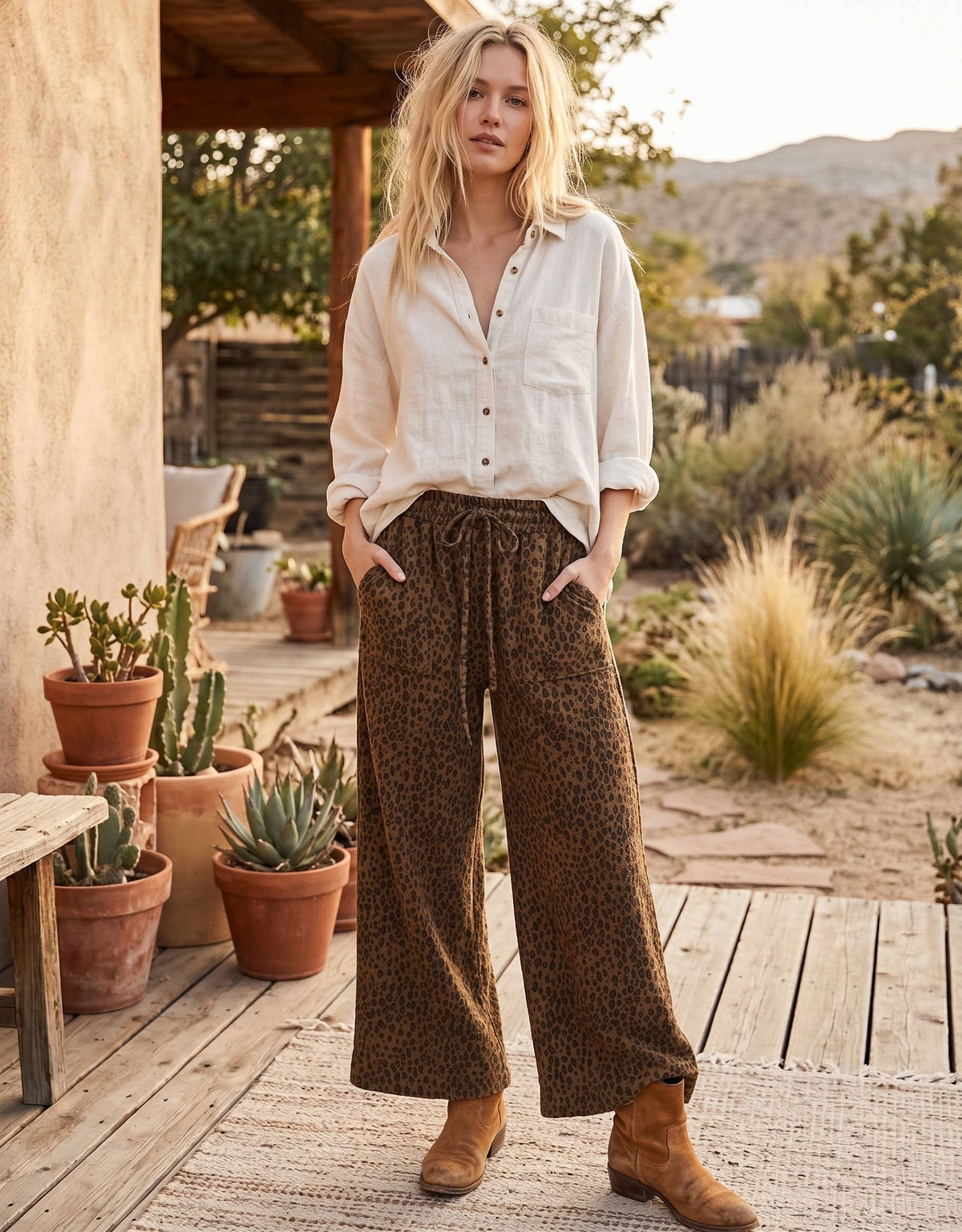 Leopard Wide Leg Drawstring Pants