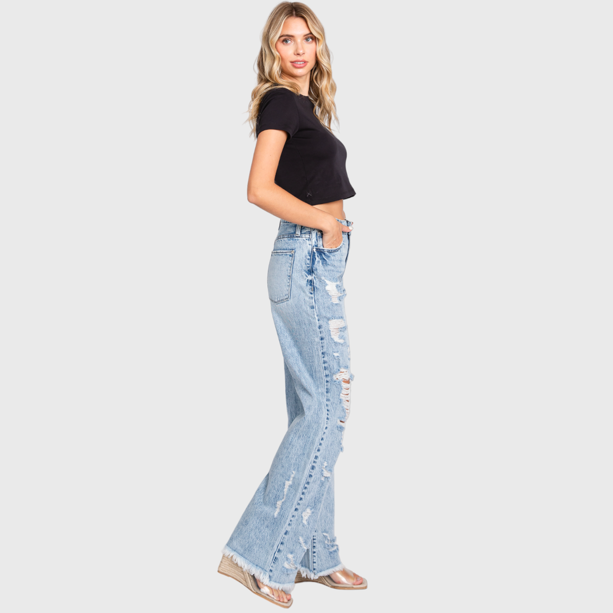 DESTROYED HIGH RISE RIGID VINTAGE FLARE JEANS