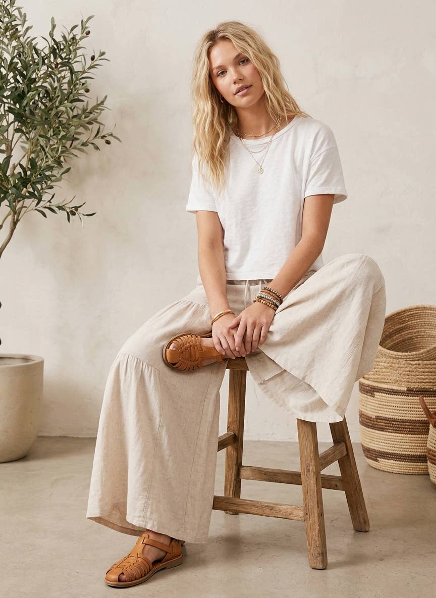Linen Blend Tiered Wide Leg Palazzo Pants