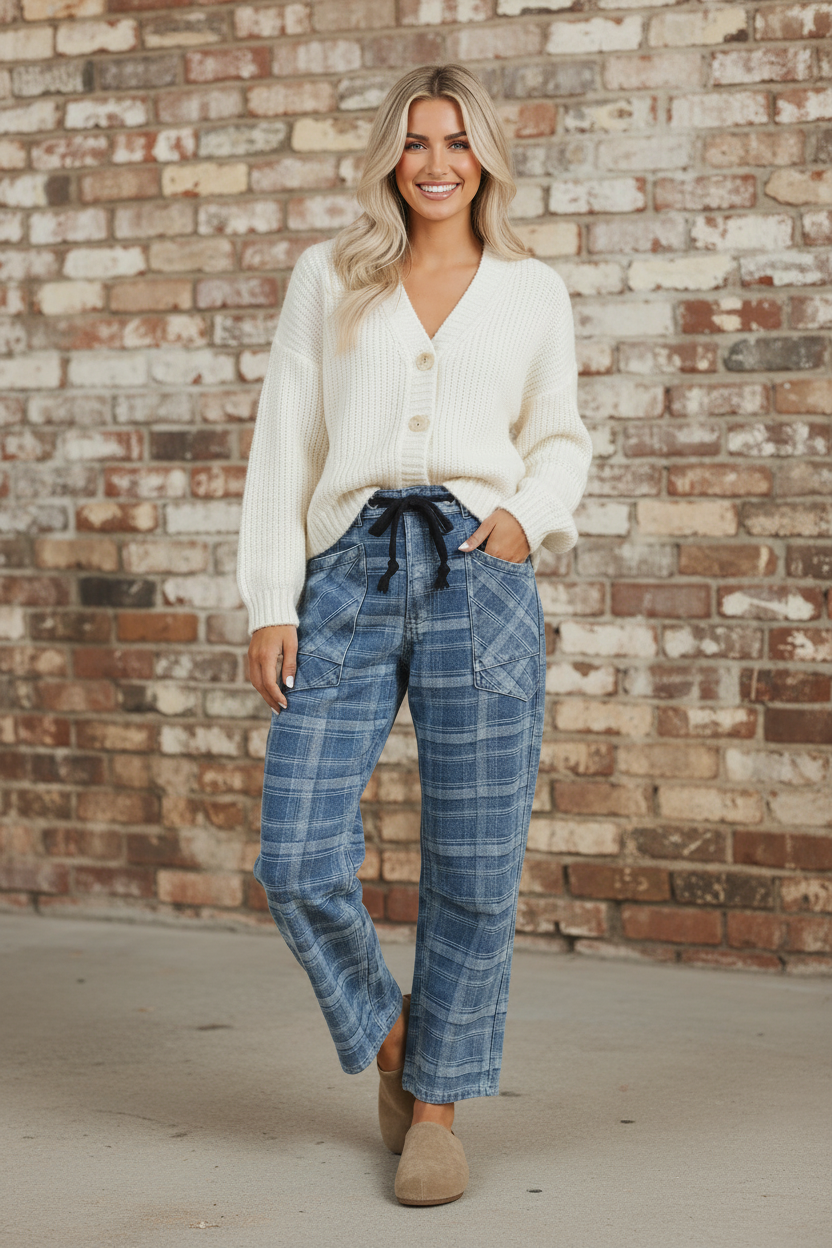 Plaid Denim Grommet Drawstring Waist Jeans