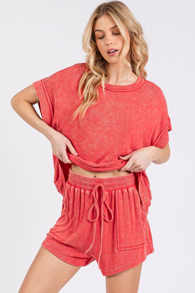 MINERAL WASHED TOP AND SHORTS RIB SET