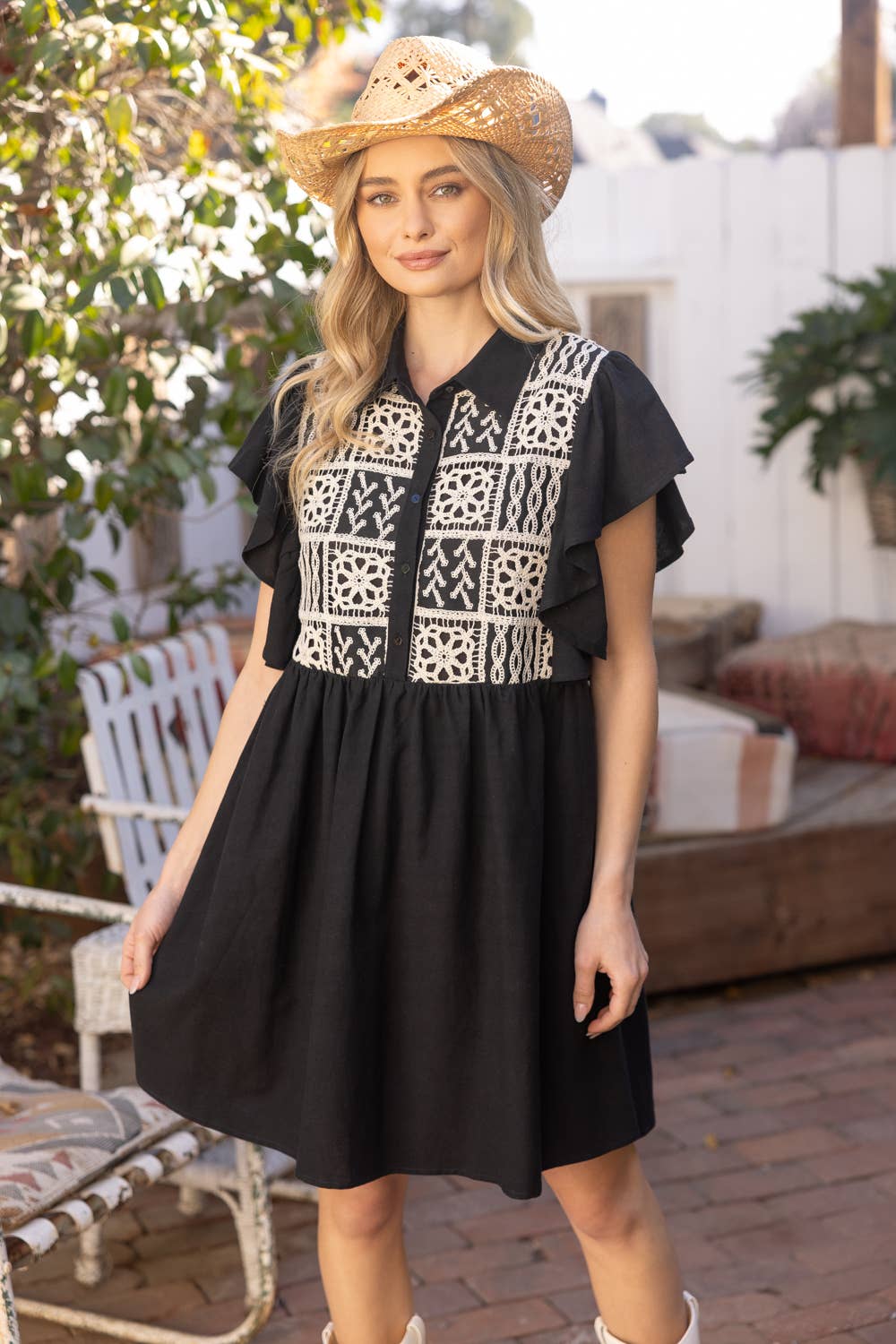 Cotton Lace Ruffle Sleeve Shirt Dress