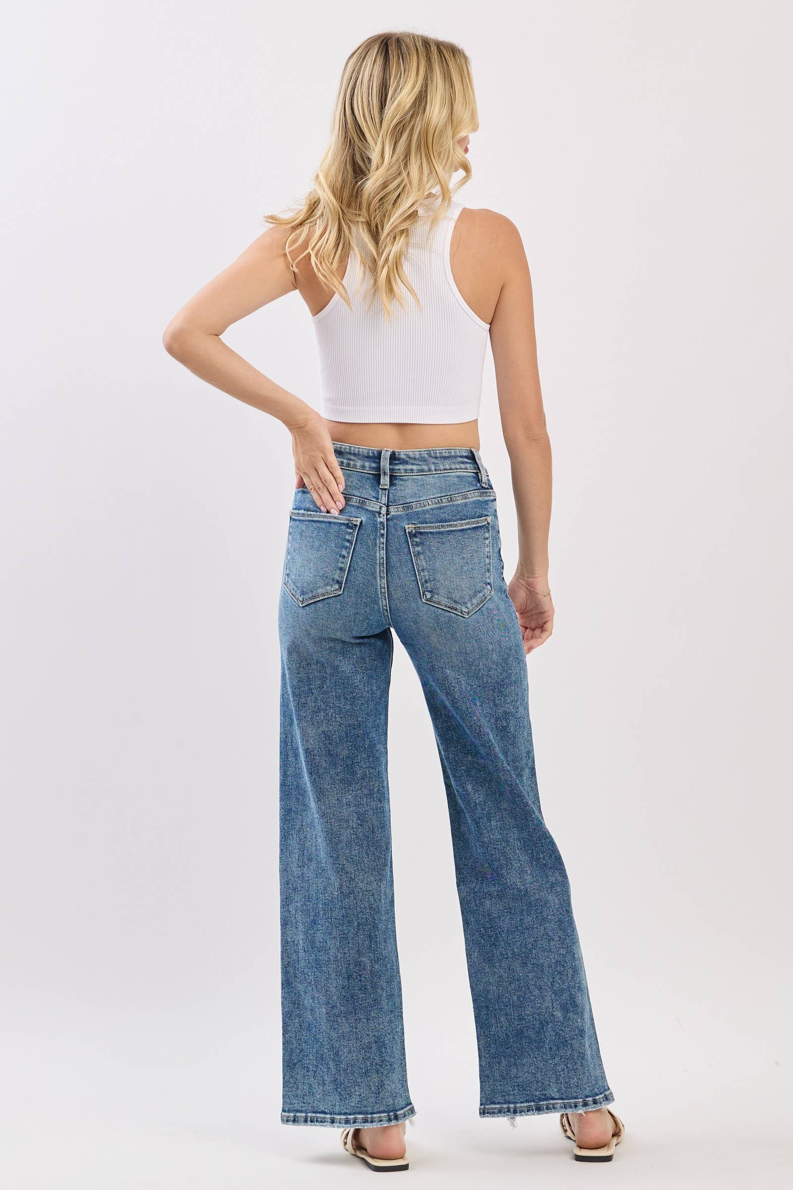 MA HIGH RISE SLIM WIDE LEG W/ DESTROYED HEM JEANS