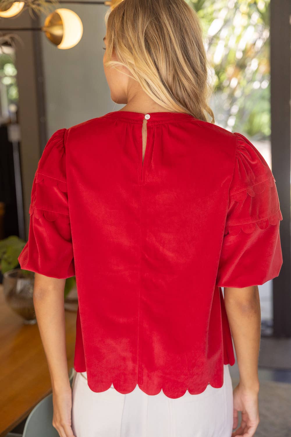 Scalloped Hemline Bubble Sleeve Solid Corduroy Top