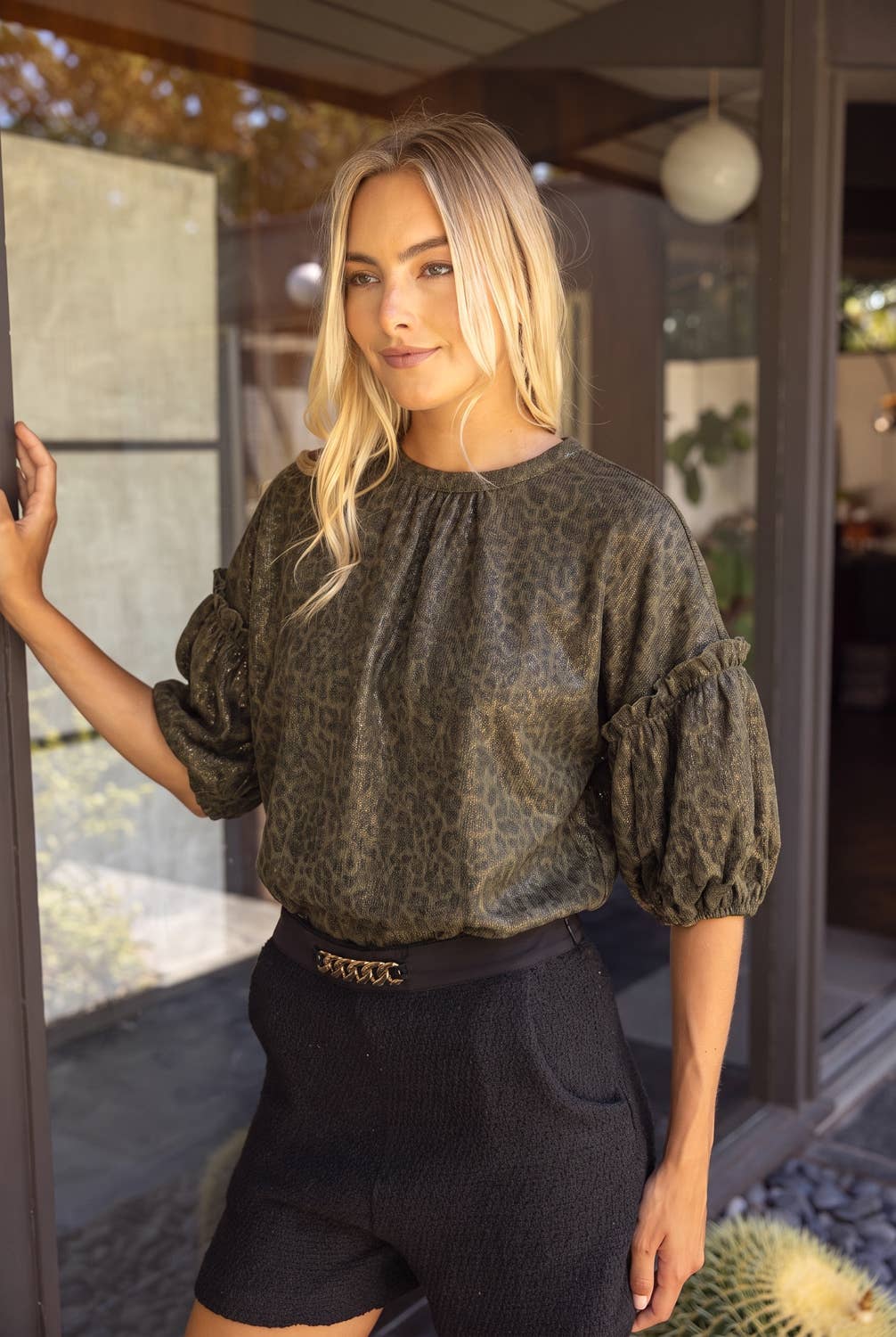 Ruffle Puff Sleeve Metallic Animal Print Top