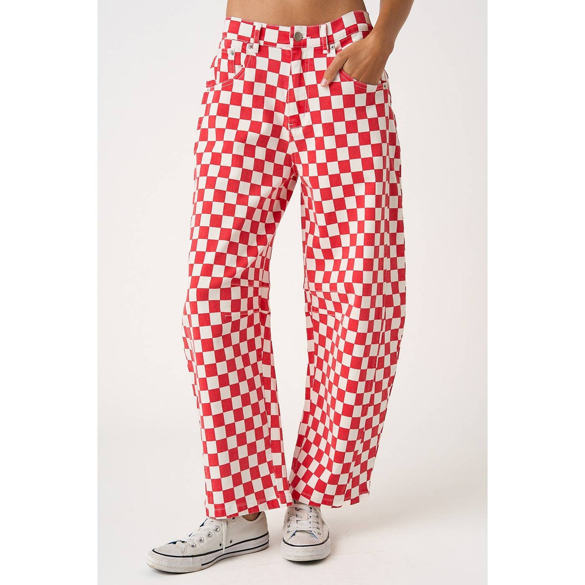 GAME DAY CHECKERED ELASTIC WAIST BARREL PANTS