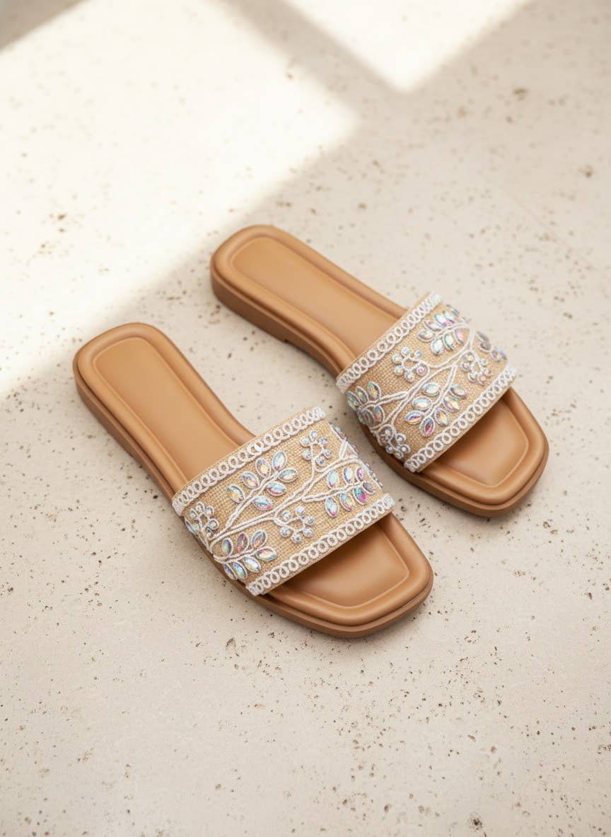 Rhinestone Embroidered Slide Sandals Sparkle Flat