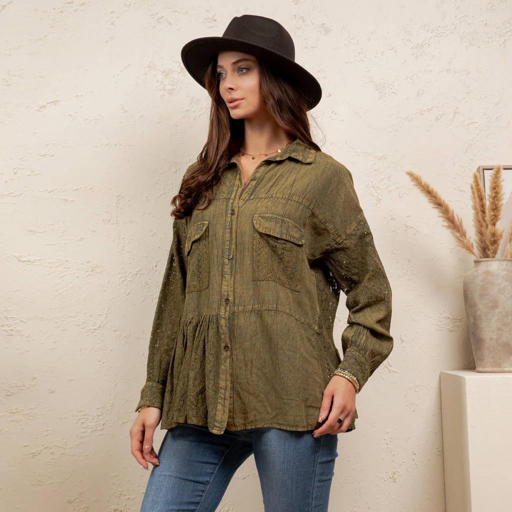 Mixed Media Spliced Denim Shirt with Seersucker & Lace