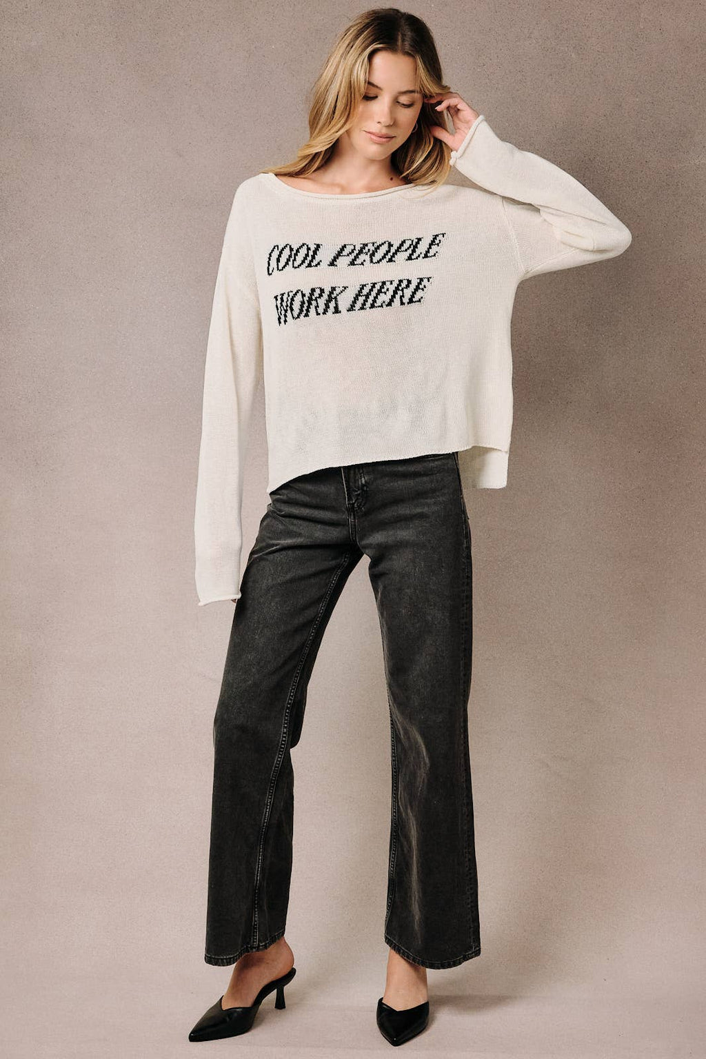 BOAT NECK "COOL PEOPLE WORK HERE" LT WEIGHT SWEATER