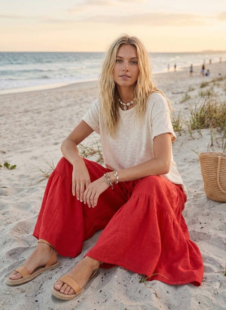Linen Blend Tiered Wide Leg Palazzo Pants