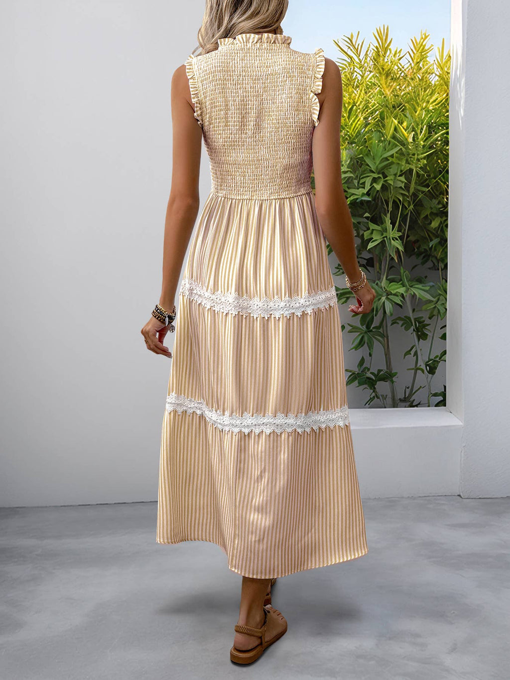 Smocked Ruffle-Strap Striped Midi Dress with Lace