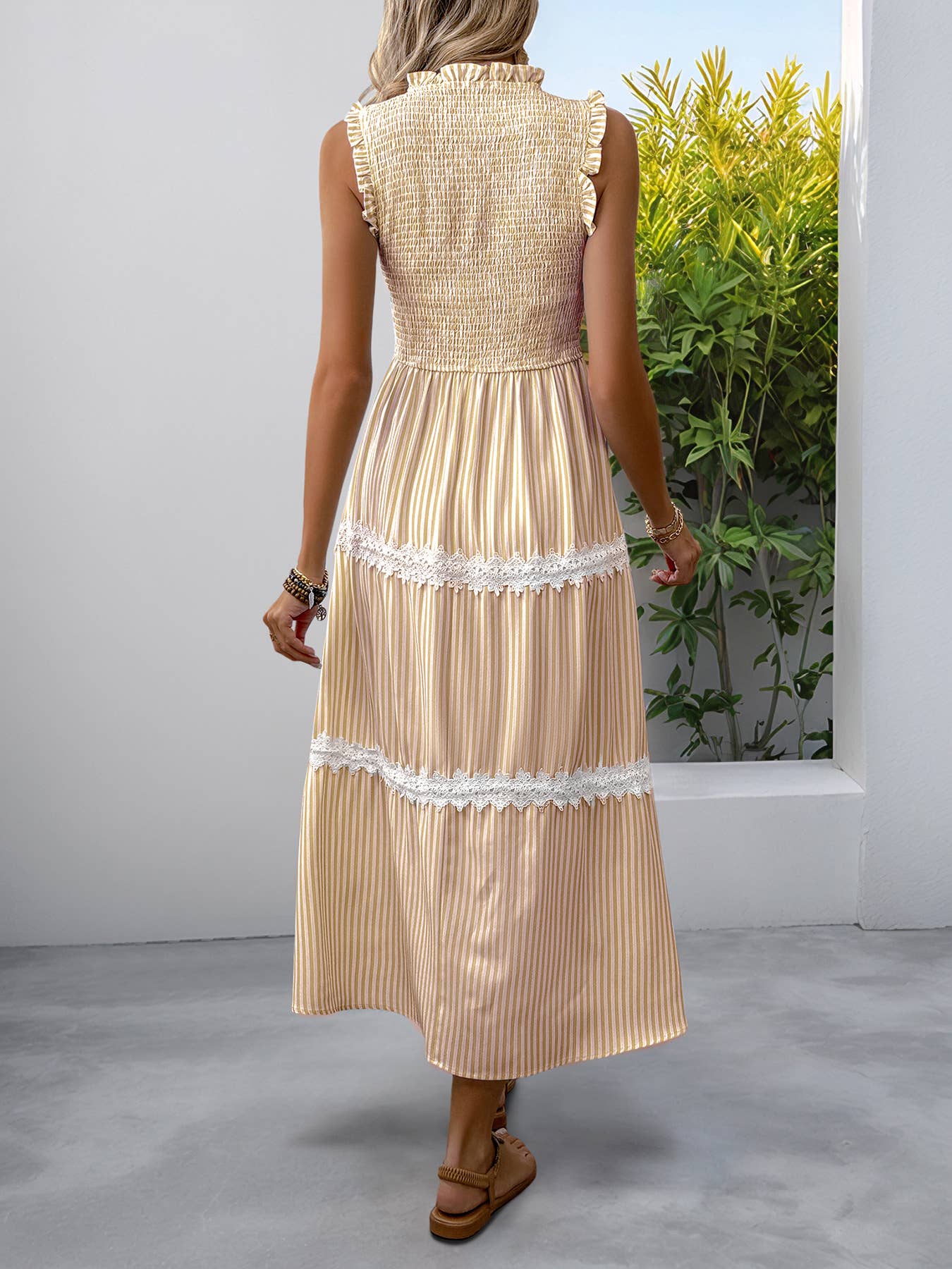 Smocked Ruffle-Strap Striped Midi Dress with Lace