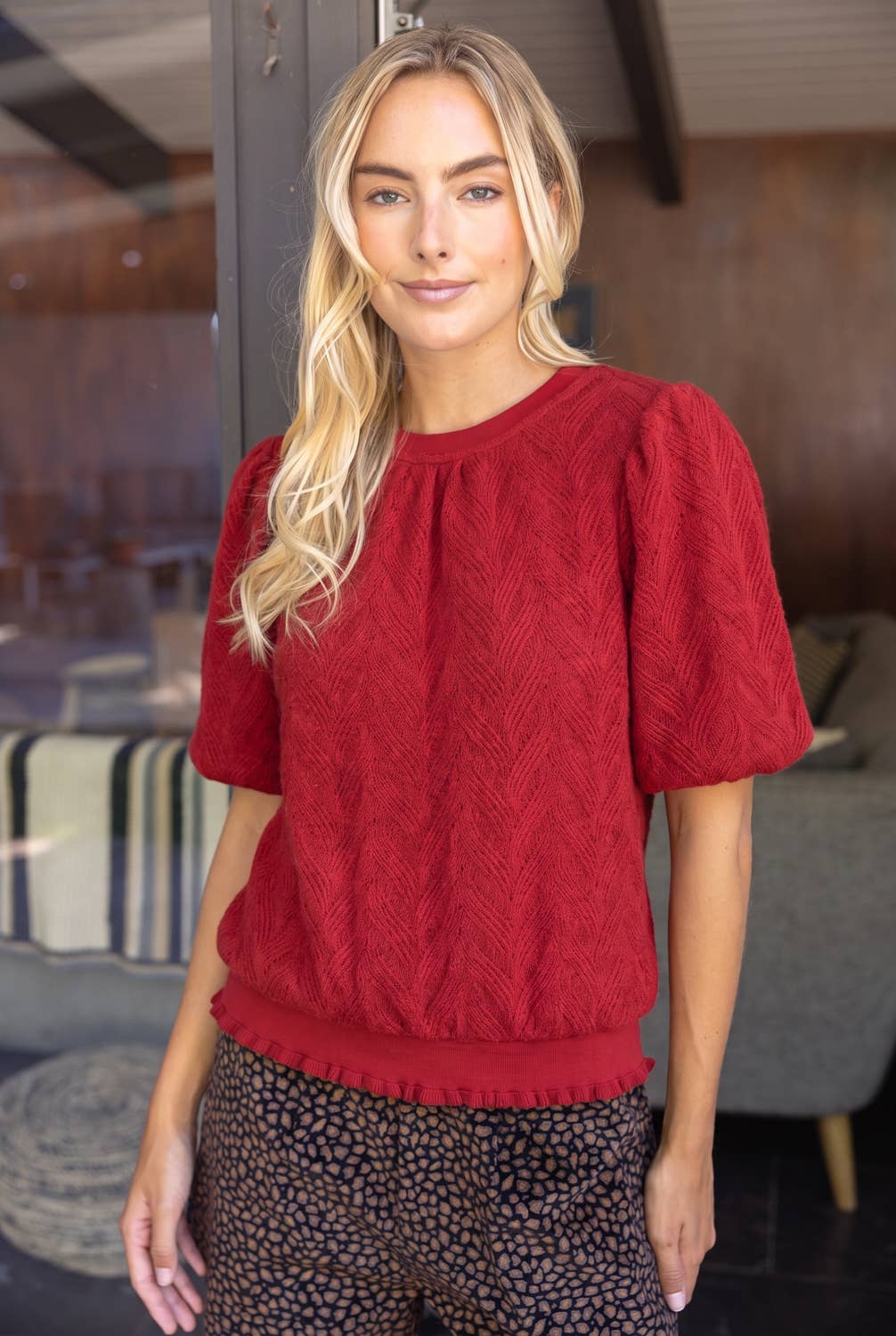 Braid Sweater Knit Short Bubble Sleeve Top