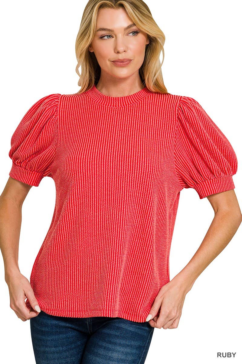 Raised Rib Puff Sleeve Top