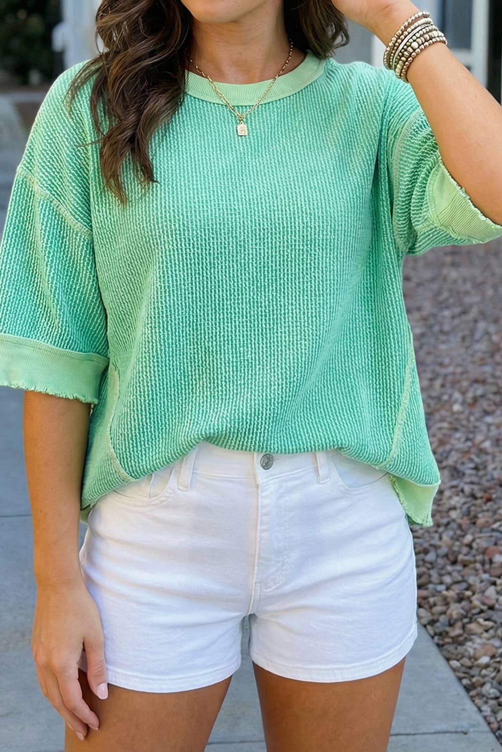 Patchwork Loose Uneven Hem Twist Ribbed T Shirt