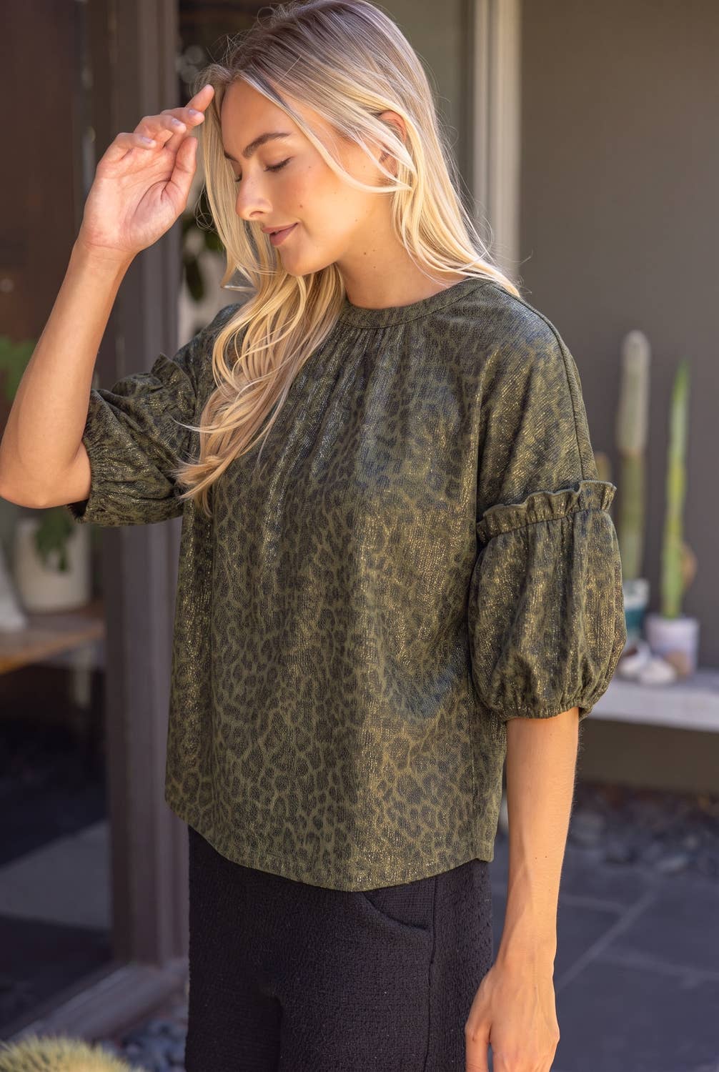 Ruffle Puff Sleeve Metallic Animal Print Top