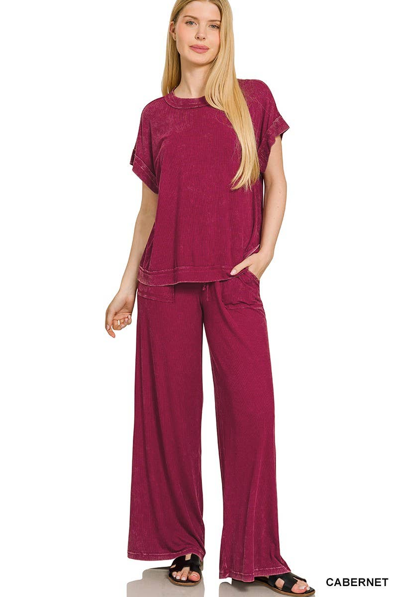 Ribbed Acid Wash Rayon Top N Pants Set