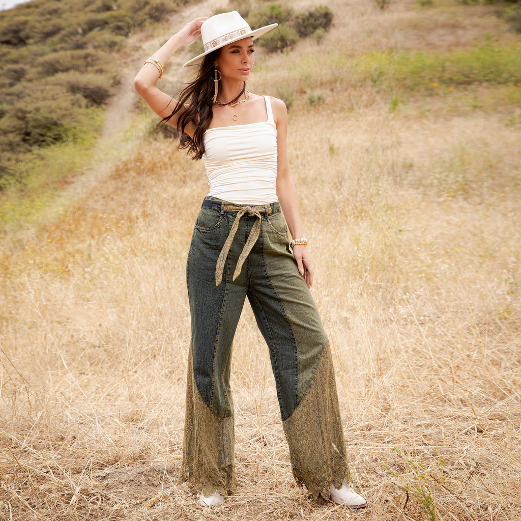 Boho Mixed-Media Lace Hem Tie-Waist Flare Pants