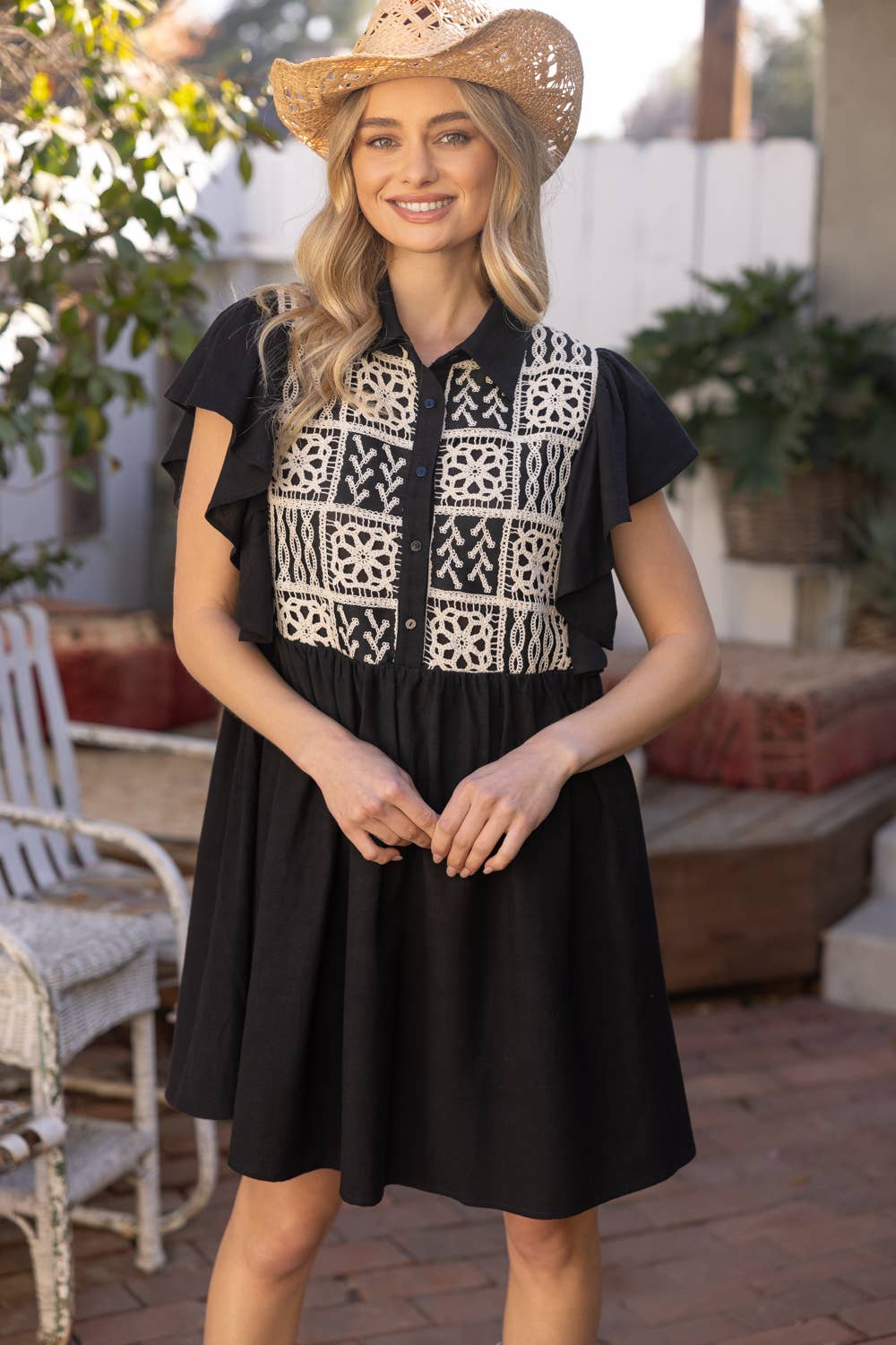 Cotton Lace Ruffle Sleeve Shirt Dress