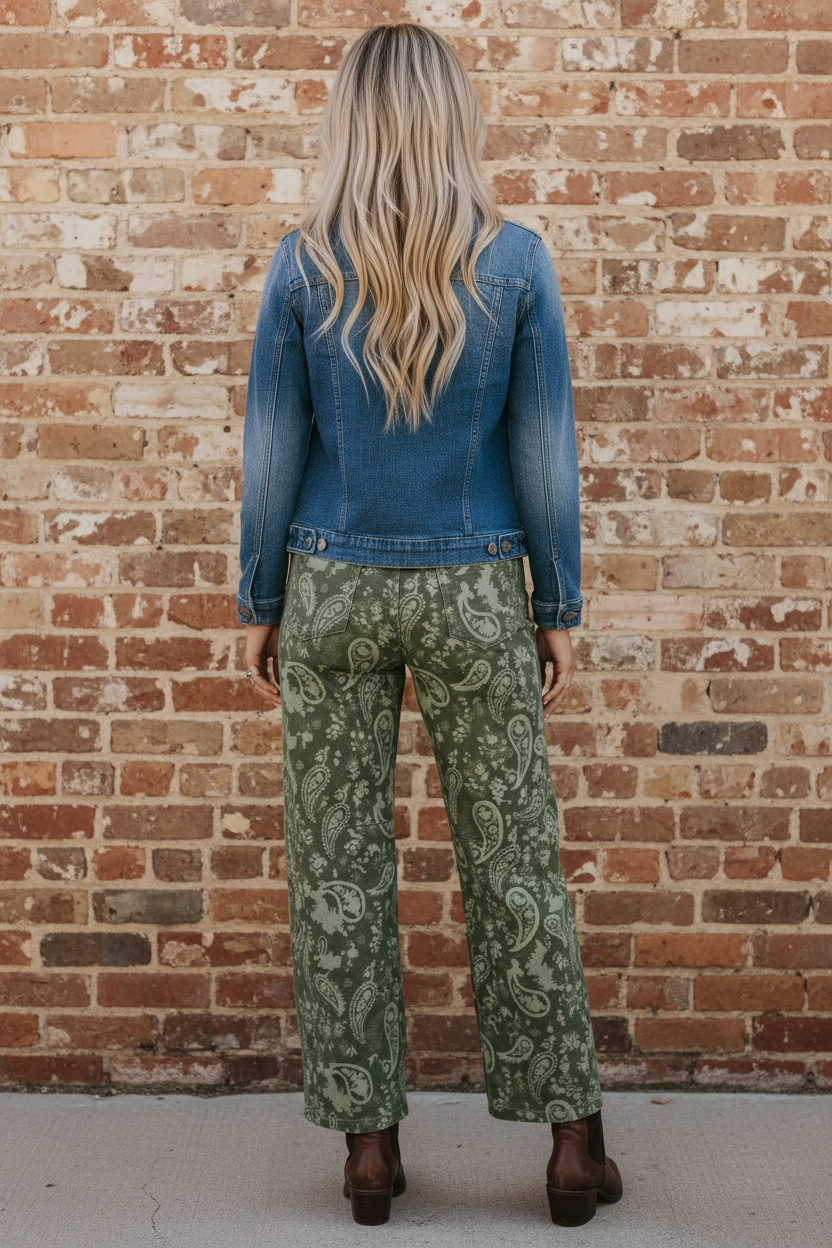 Paisley Denim High Waist Barrel Leg Pants