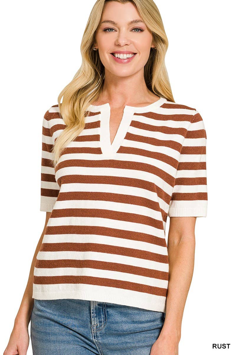 Split Neck Stripe Short Sleeve Sweater