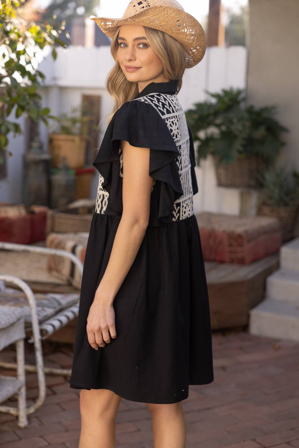 Cotton Lace Ruffle Sleeve Shirt Dress