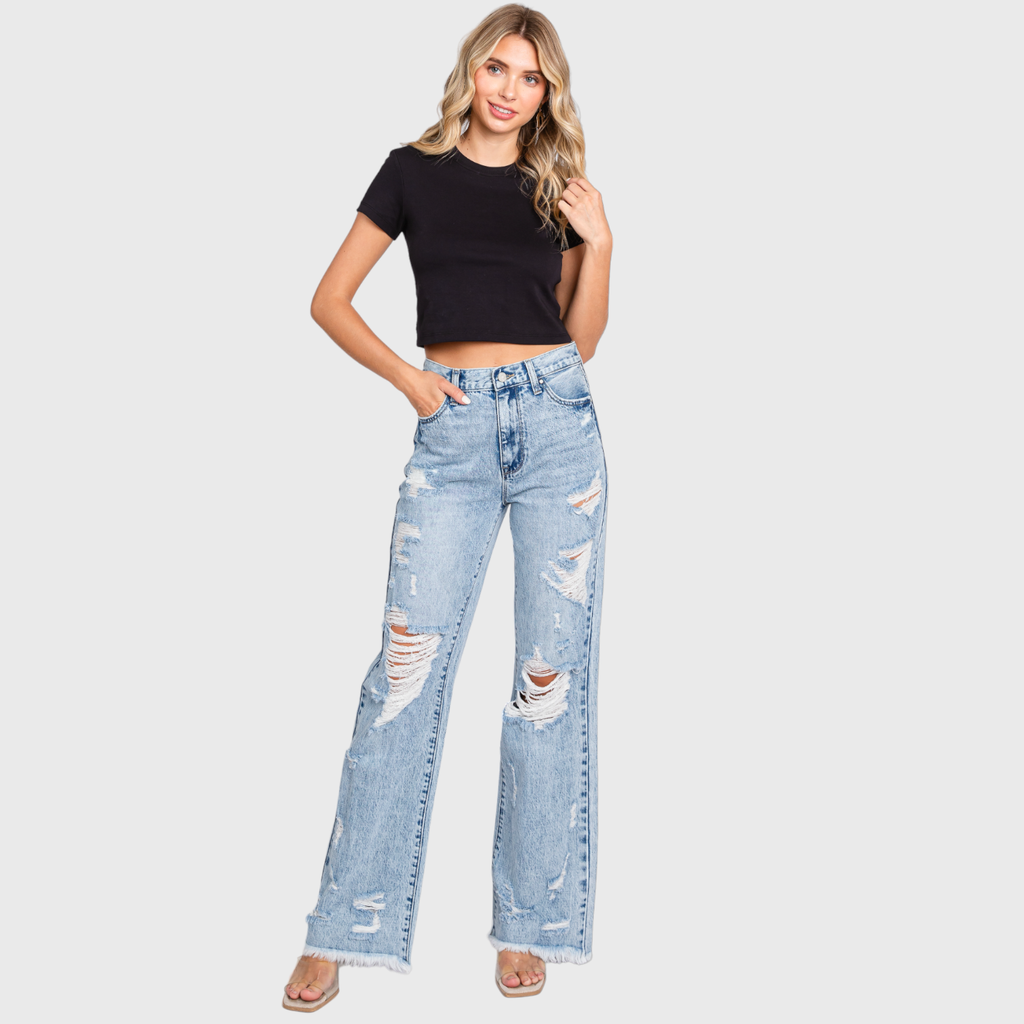 DESTROYED HIGH RISE RIGID VINTAGE FLARE JEANS