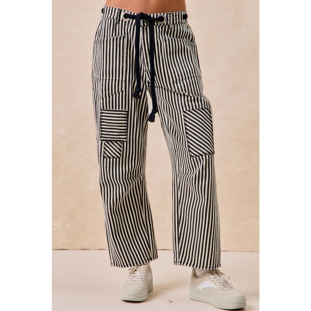 STRIPED TWILL BARREL PANTS