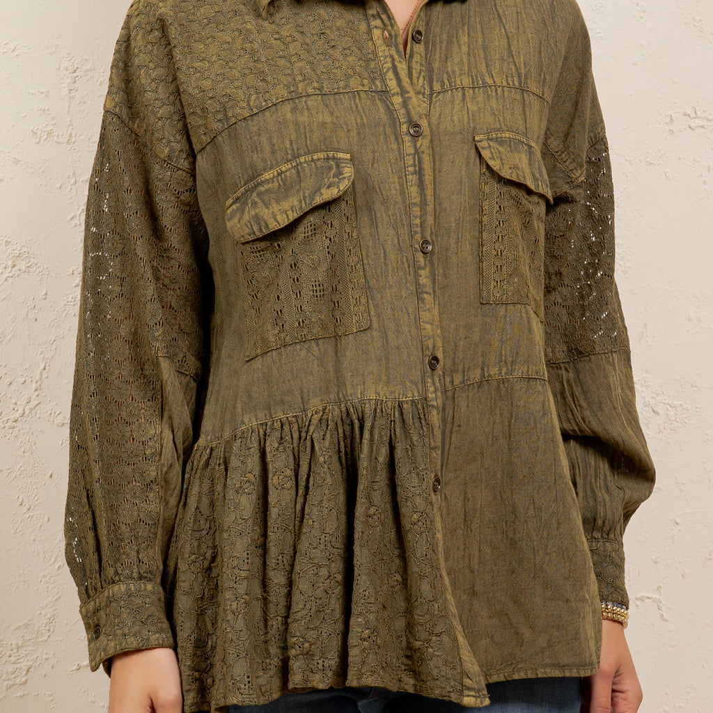 Mixed Media Spliced Denim Shirt with Seersucker & Lace