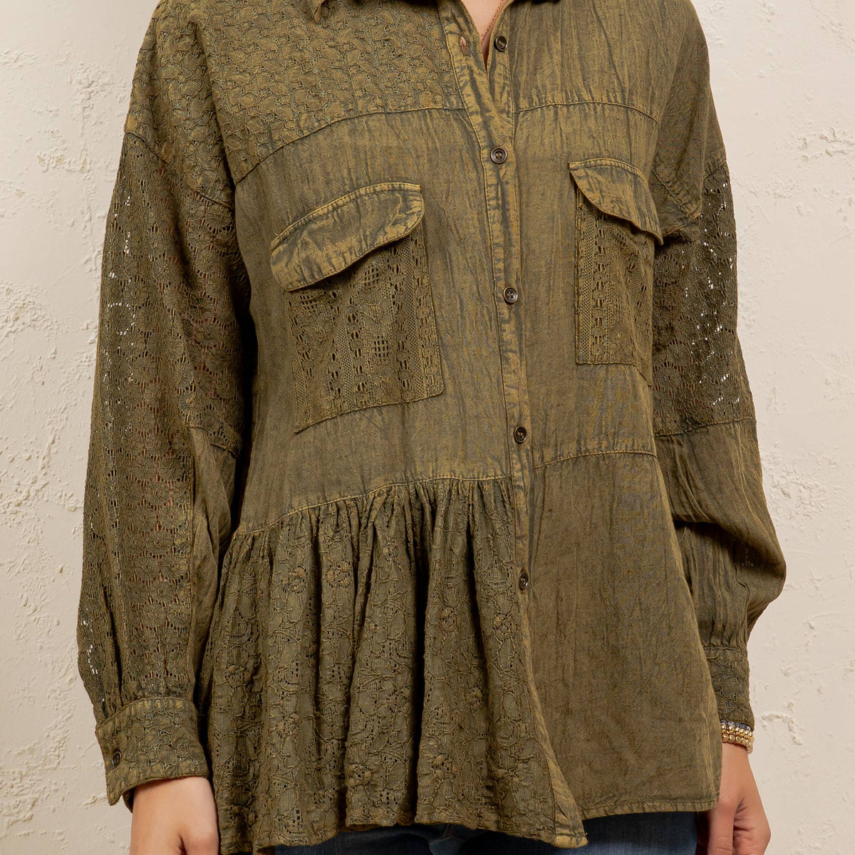 Mixed Media Spliced Denim Shirt with Seersucker & Lace