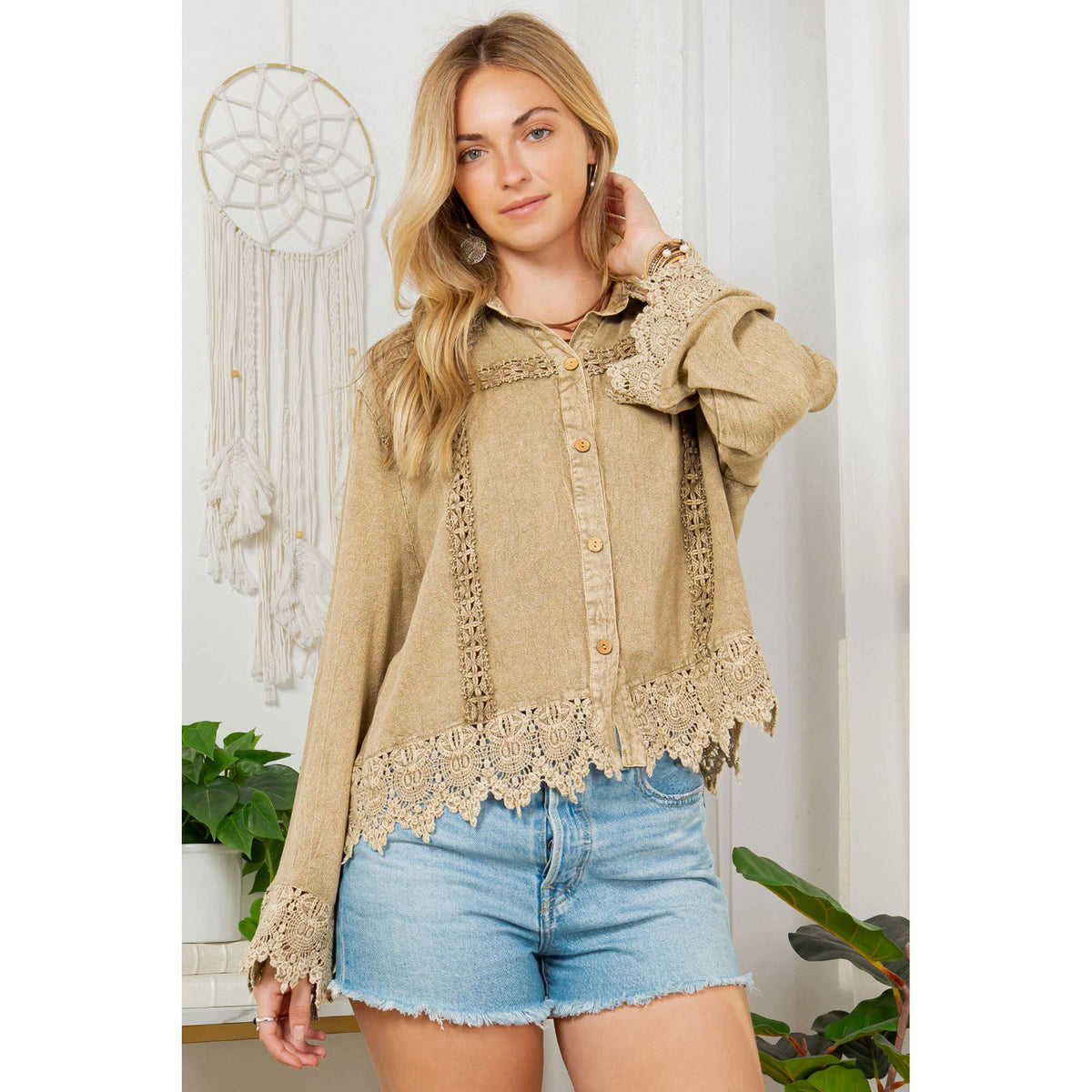 Artisan Boho Lace Trim Button-Front Blouse Top