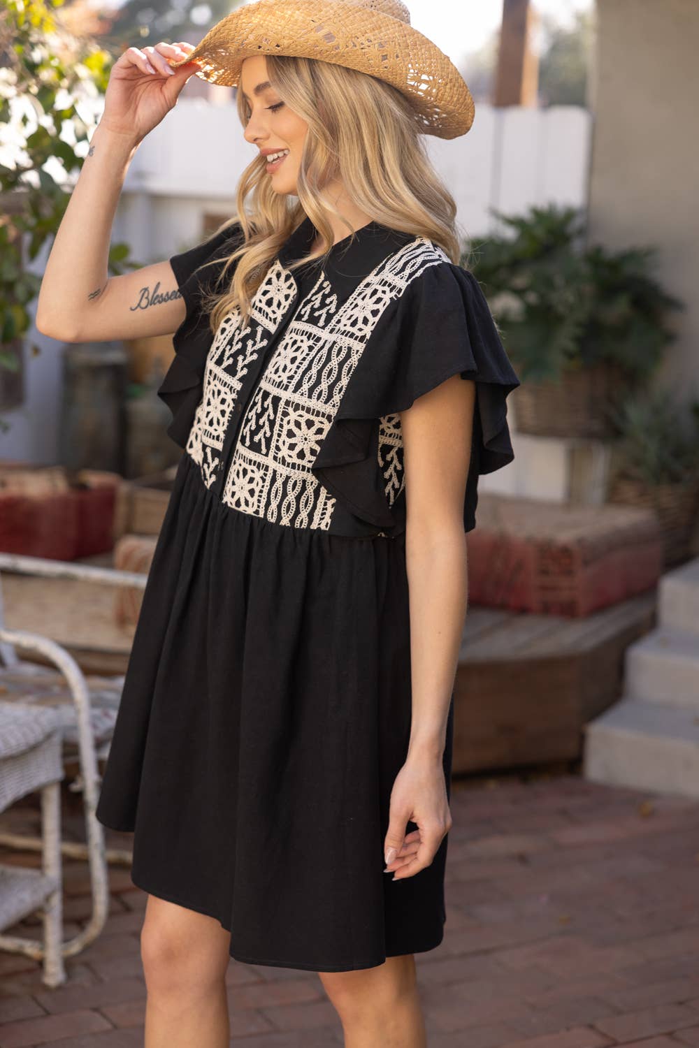 Cotton Lace Ruffle Sleeve Shirt Dress