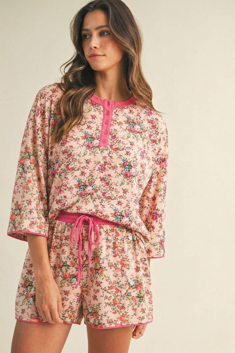 Rose Floral Jersey Knit Henley Neck Top And Shorts Set