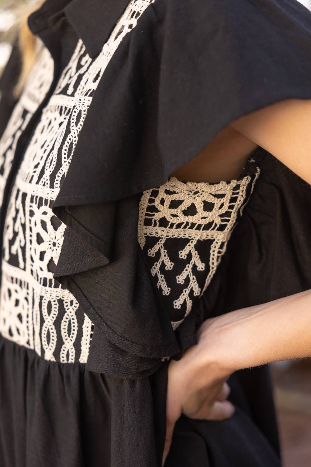 Cotton Lace Ruffle Sleeve Shirt Dress